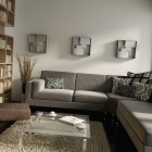 Warm Biege Living Room with Modern Bookshelf
