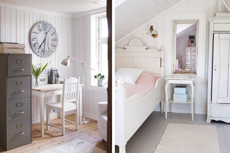 White Bedroom with slooping Ceiling and Work Desk