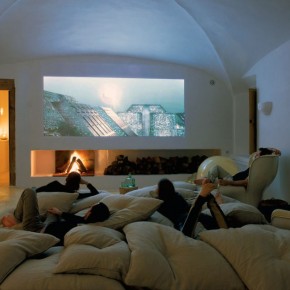 Cave Home Theatre Room with Fireplace