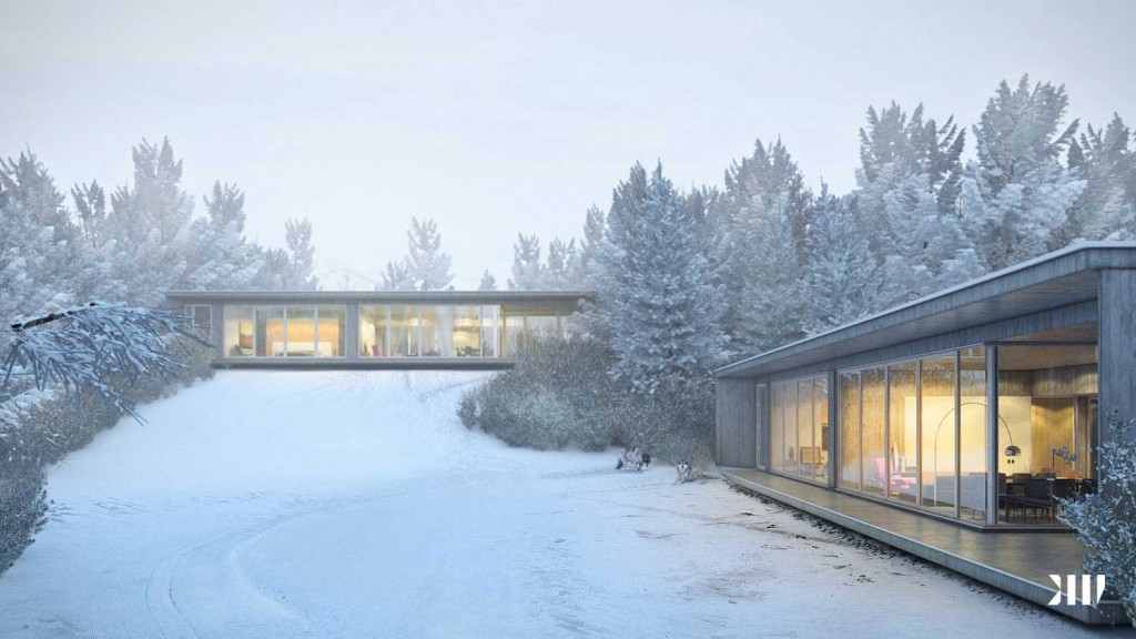 Glass Sliding Wall Sided House in Snow