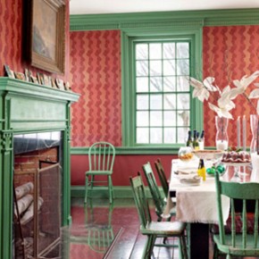 Green and Red Dinning Room with Fireplace