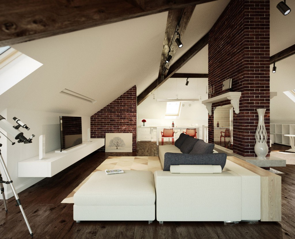 Living Room in Loft with Brick Walls Design