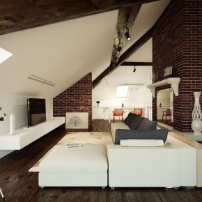 Living Room in Loft with Brick Walls Design