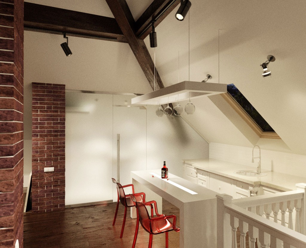Small Apartment Kitchen with Brickwall Decor and Sloped Ceiling