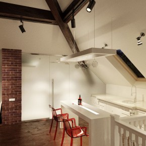 Small Apartment Kitchen with Brickwall Decor and Sloped Ceiling