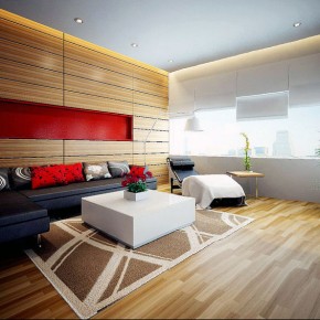 Wood Panel with Red Accent Living Room Design