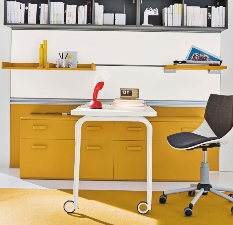 Yellow Furniture in Grey Kids Study Room