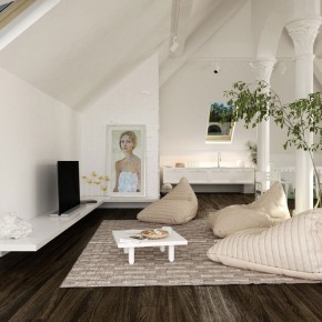 white living room in loft with slooping ceiling