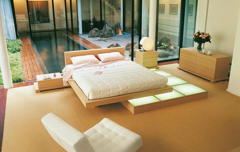 Beech Wood Platform Bedroom Beside Small Pool Ideas