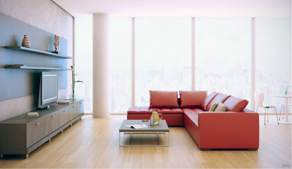 Entertainment Room with Modern Red Couch