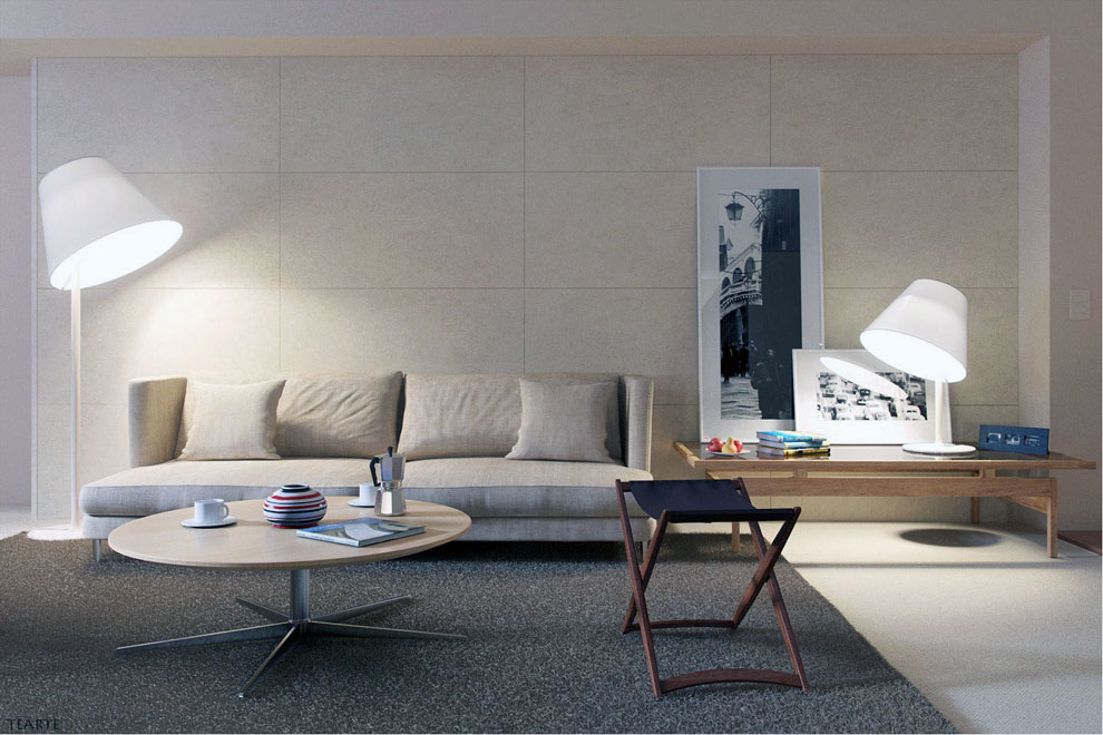 Minimalist Cream Living Room with Grey Rugs