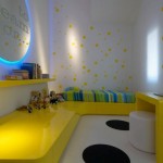 White Bedroom with Yellow Furniture and Blue Mirror Backlit