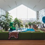 Awesome Living Room Bird Patterened Wallpaper with Green Sofa