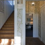 Cool Design Wooden Staircase with Flower Wall Print