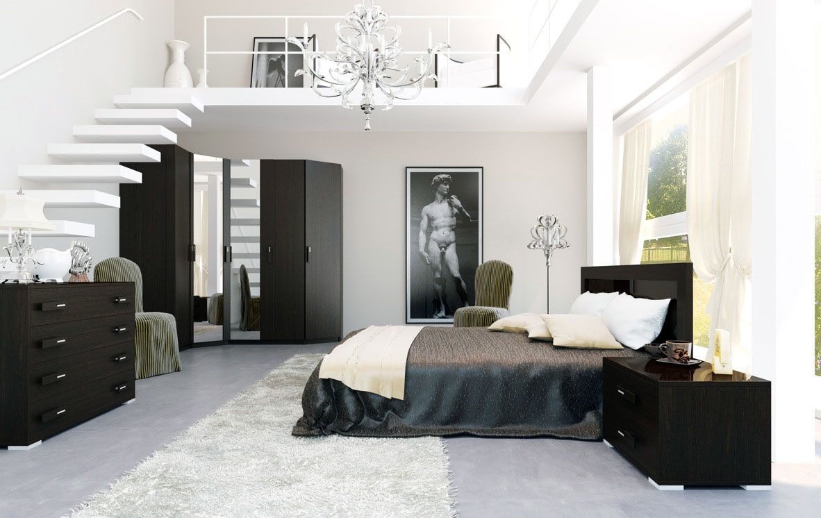 Luxury Black And White Bedroom With Stair To Mezzanine Interior