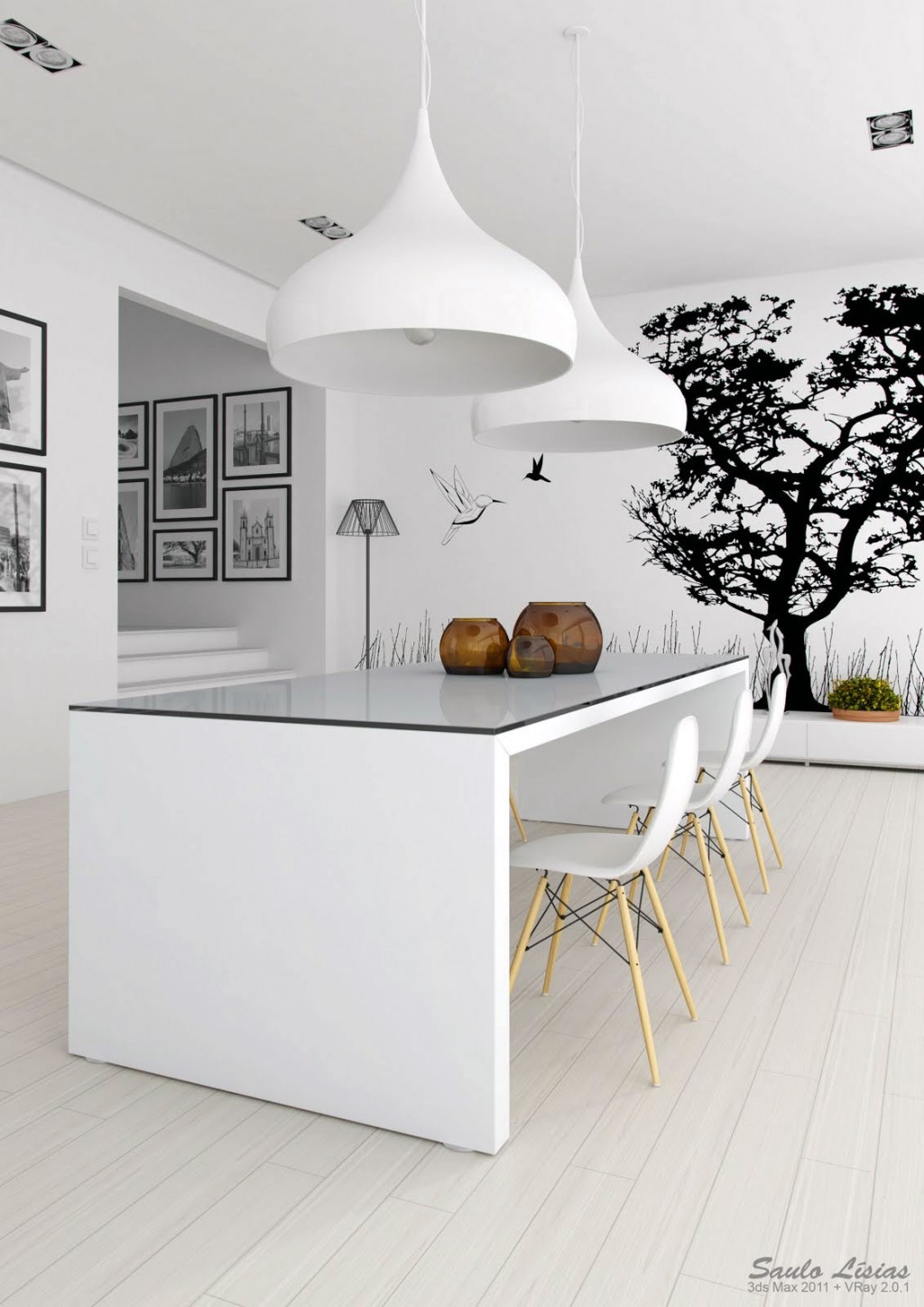 Modern White Dinning Room with Black Wall Accents