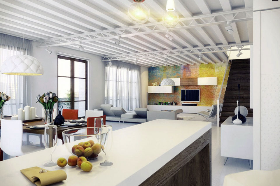 Modern Wood White Kitchen Island in Loft