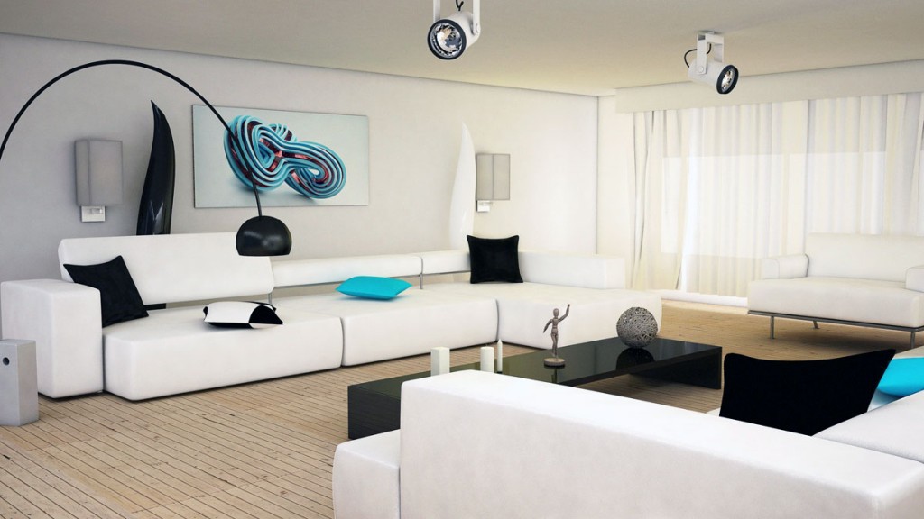 Sophisticated Black and white Living Room with Aqua Accents