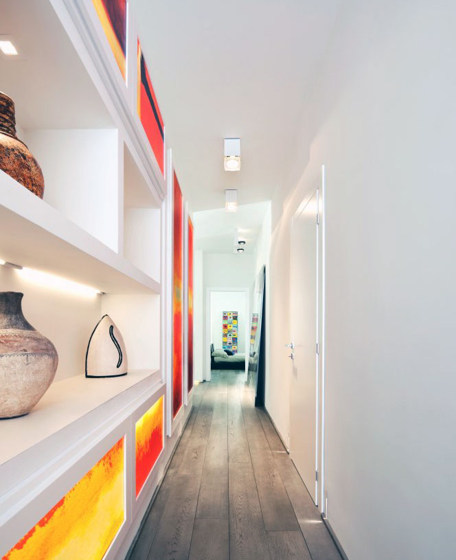 White Red Lightbox Gallery Hallway Apartment Design