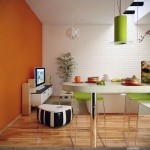Orange Lime Green Dining Living Room with White Brickwall