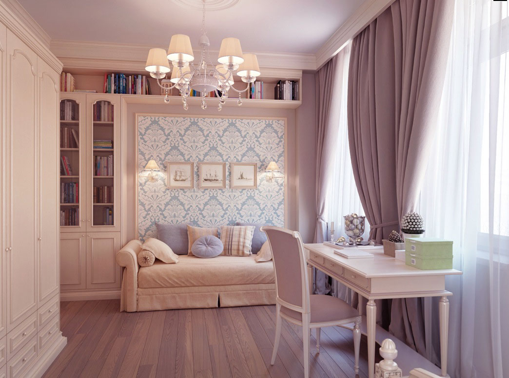 Shining Bedroom with Luxury Chandelier and Large Curtain