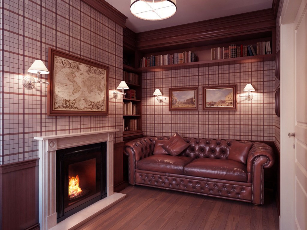 Warm Lounge With Fire Place and Brown Leather Sofa