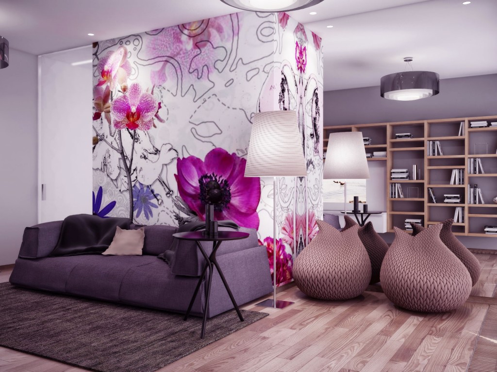 Beautiful Living Room with Gray Sofa and Pink Flower Wall Decor