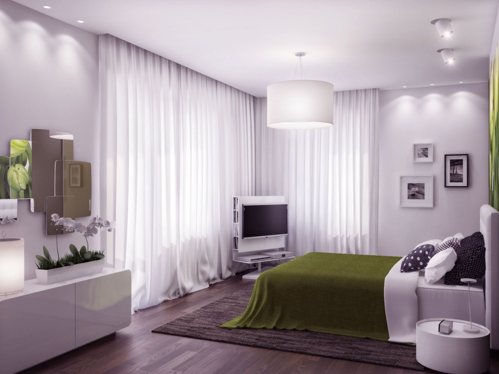 Beautiful White Green Bedroom with Wooden Floor