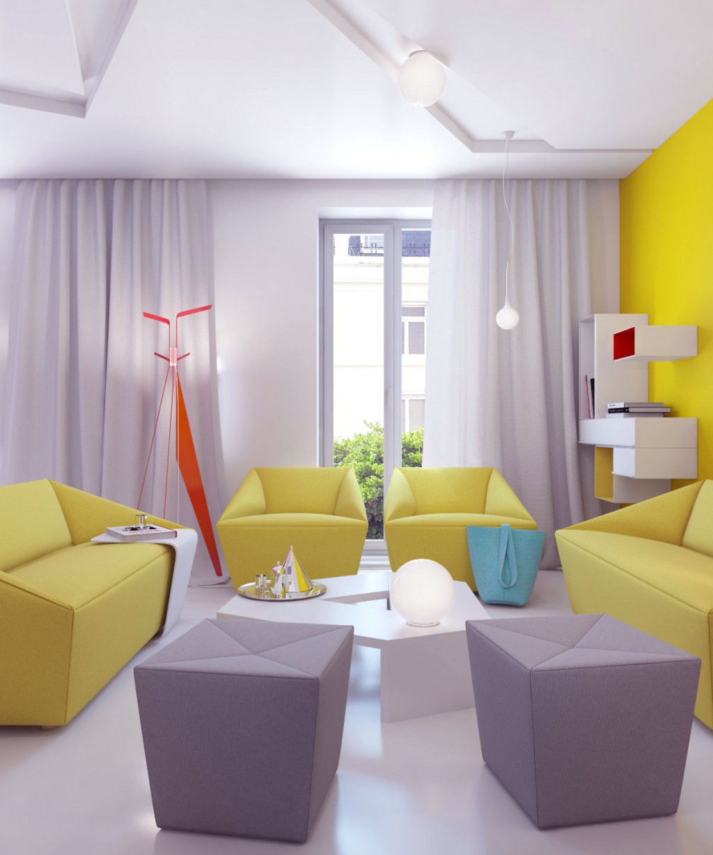 Bright Living Room with Grey Yellow Furniture