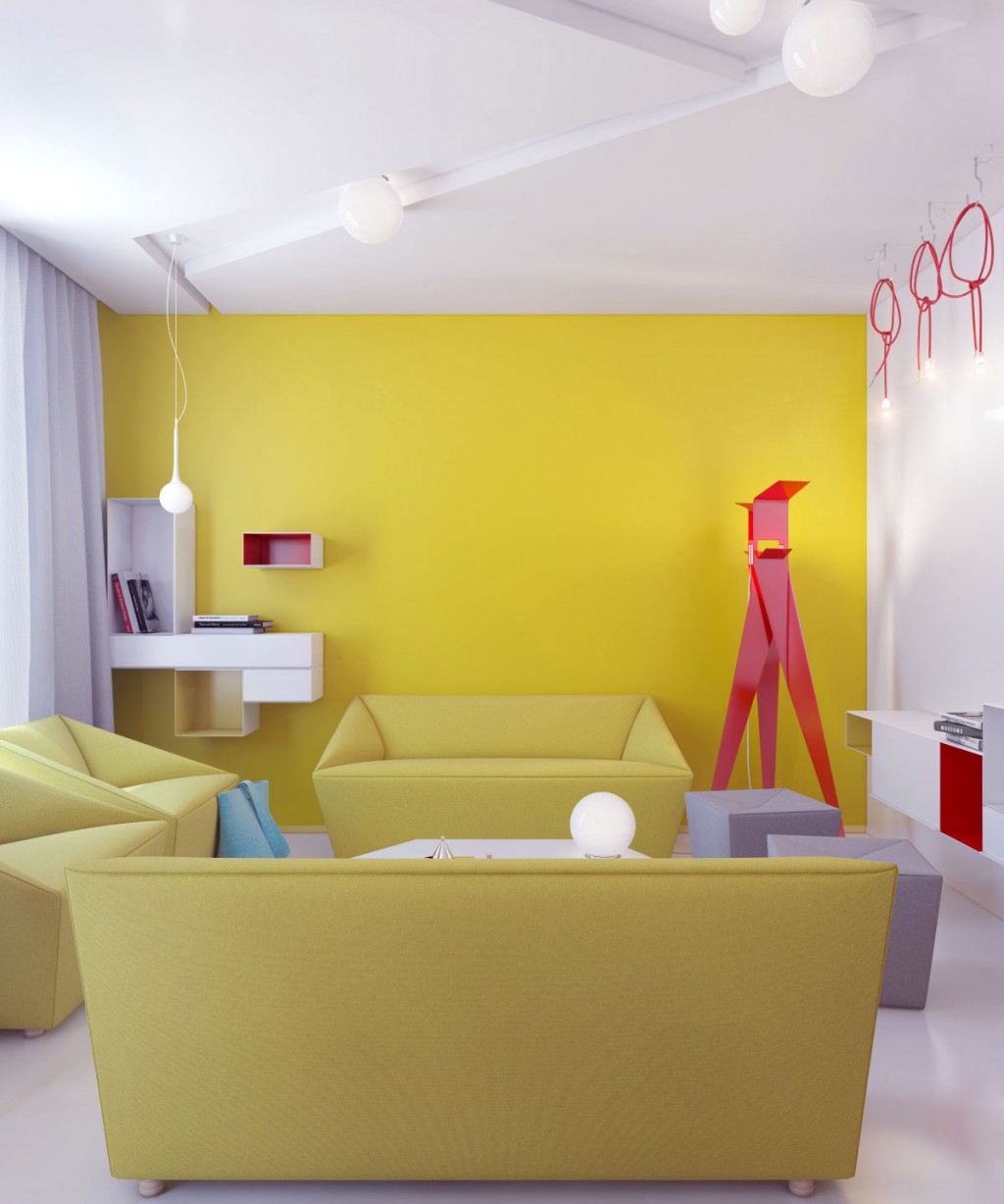 Living Room with Yellow Color and Red Accent