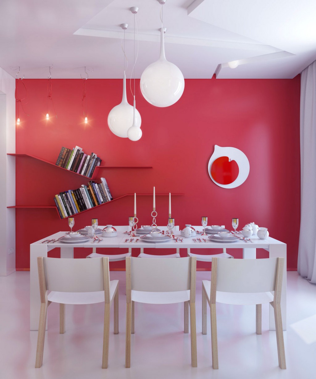 Modern Light Fixtures in White Red Dining Room