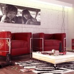 Red Black White Contemporary Living Room with Vintage Sofas