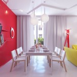 White Dining Room with Red Wall Decor