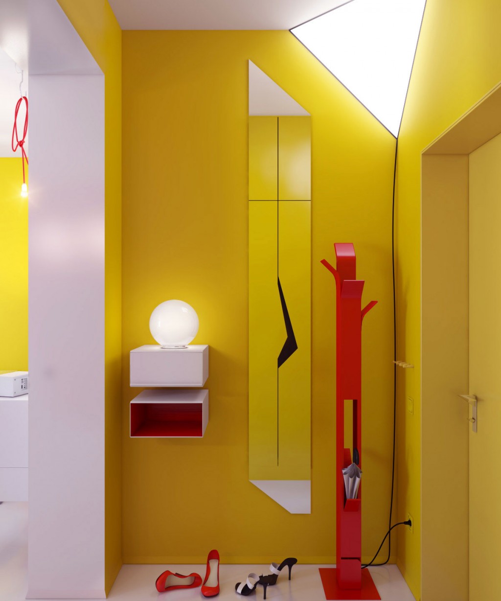 Yellow Hallway with Red Storage