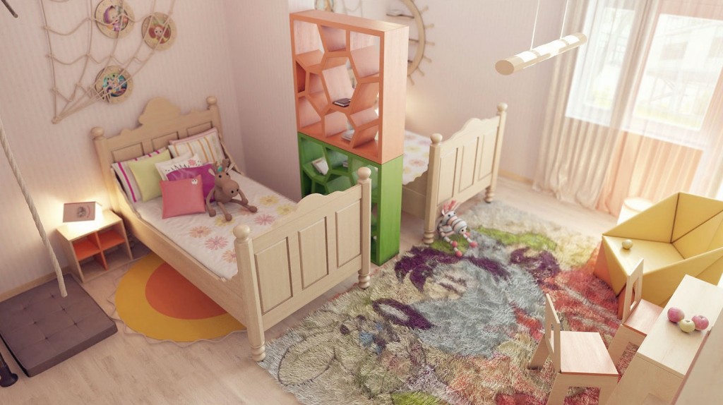 Colorful Childrens Room with Unique Divider Idea