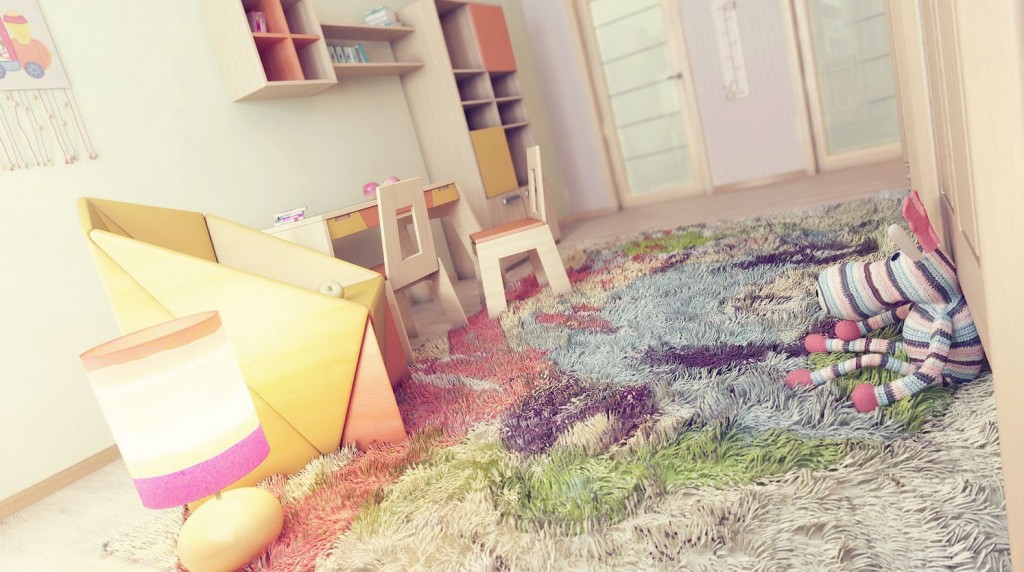 Cool Kids Bedroom with Colorful Rug and Yellow Chair