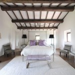 Classic Minimalist White Lilac Bedroom Wooden Ceiling Beams