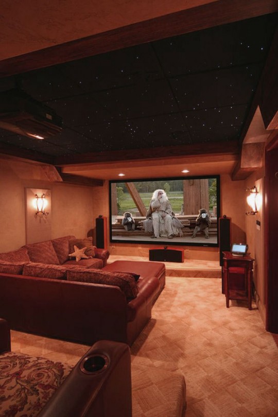 Family Media Room Design with Awesome Ceiling - Interior Design Ideas