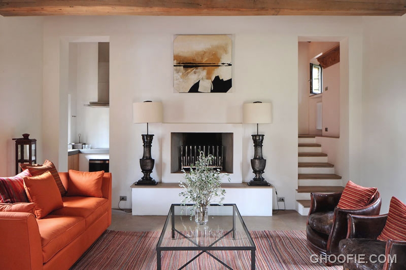 Modern Orange White Living Room with Fire Place