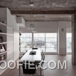 Concrete Dining Room Design with White Storage