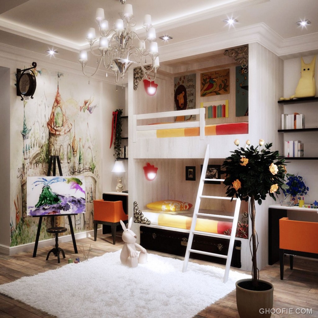 Luxury Kids Bedroom with Chandelier and Wall Decor