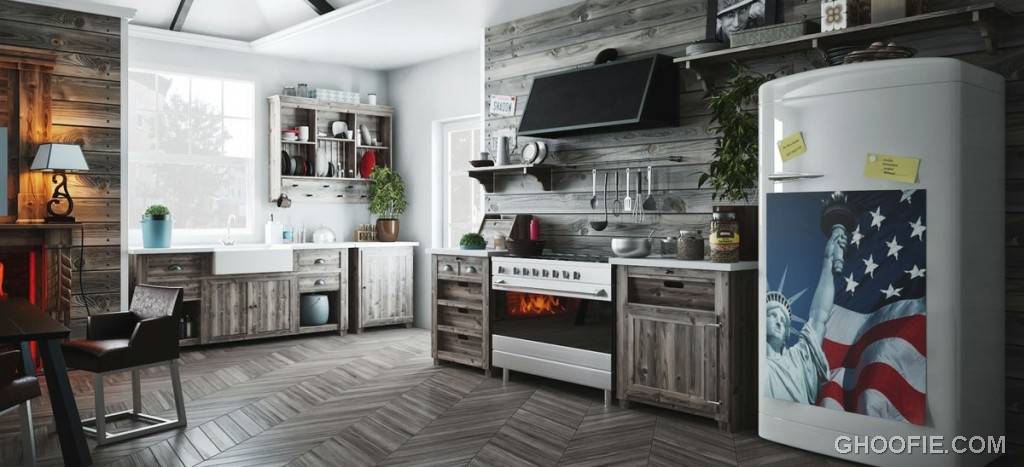 Modern Wooden Kitchen with American Flag Decor