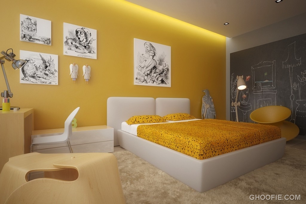 Yellow White Kids Room with Ceiling Light