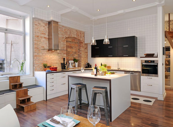 Eclectic Small Kitchen Island Ideas Wooden Style Floor Brick Wall Backsplash