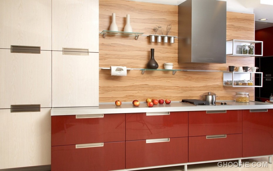 Glossy Red Kitchen Cabinet Glass Floating Shelves Italian Kitchen Design