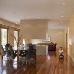 Unique shaped brown chairs in modern dining room