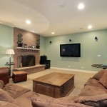 Modern basement with fireplace and lounge