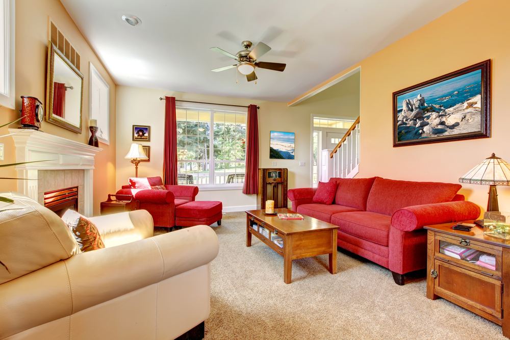 Modern cozy red beige living room